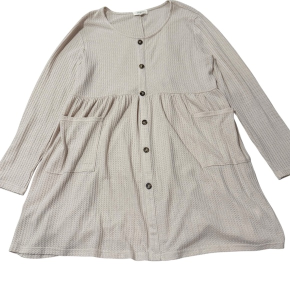 Umgee Waffle Knit Long Sleeve Elbow Patch Cream Babydoll Dress Women’s Size XL - Picture 3 of 12